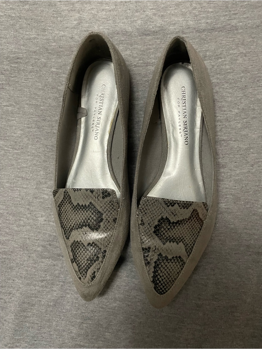 Christian Siriano Taupe Pointed Flats with Snake-Print Toe